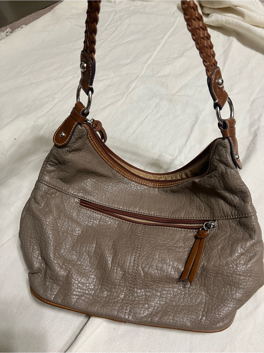 Taupe Leather-Textured Shoulder Bag with Braided Handle - Picture 7 of 7